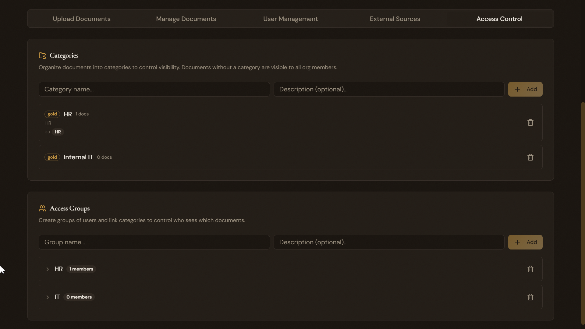 Access control categories and groups